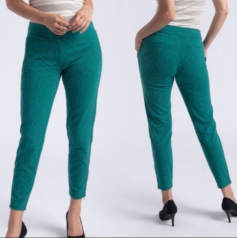 Betabrand Dress Pant Yoga Pants Straight Leg Leaf Print Teal Green Women's Small